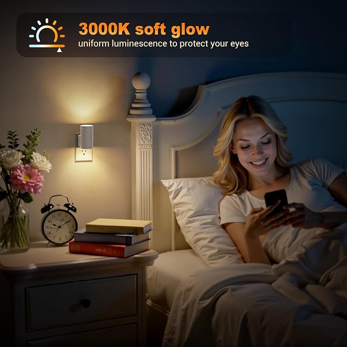 JandCase Night Lights Plug into Wall, Dimmable Gray Night Lights with Dusk to Dawn Light Sensor, Soft White 3000K, 0-100LM Adjustable Brightness Nightlight for Hallway Bathroom, 2 Pack