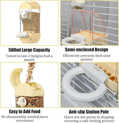Automatic Bird Cage Feeder No Mess Bird Feeding Station Parrot Vegetable Holder Fruit Clips for Parakeet Cockatoo Canary Lovebirds Budgie (Yellow)