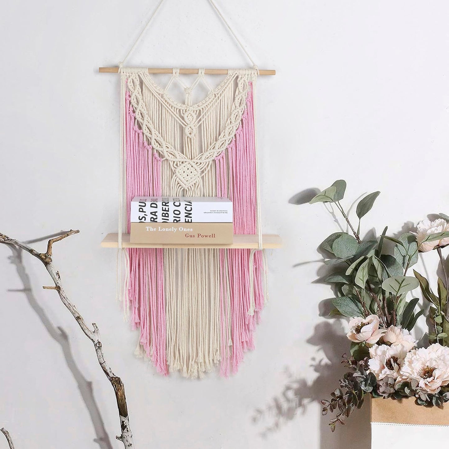 HVEST Pink Macrame Wall Hanging Shelf Boho Wall Decor Floating Storage Book Shelf Pink and Beige Handmade Woven Tapestry for Bedroom Living Room Dorm Nursery Bathroom Wall Art Macrame Plant Hanger