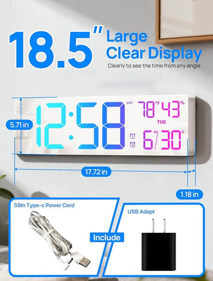 18.5" Large Digital Wall Clock with Remote Control, Big LED Display Digital Clocks with Night Light, Alarm, DST, Temp, Date for Living Room, Bedroom, Office, Classroom, Gifts for Seniors(White)