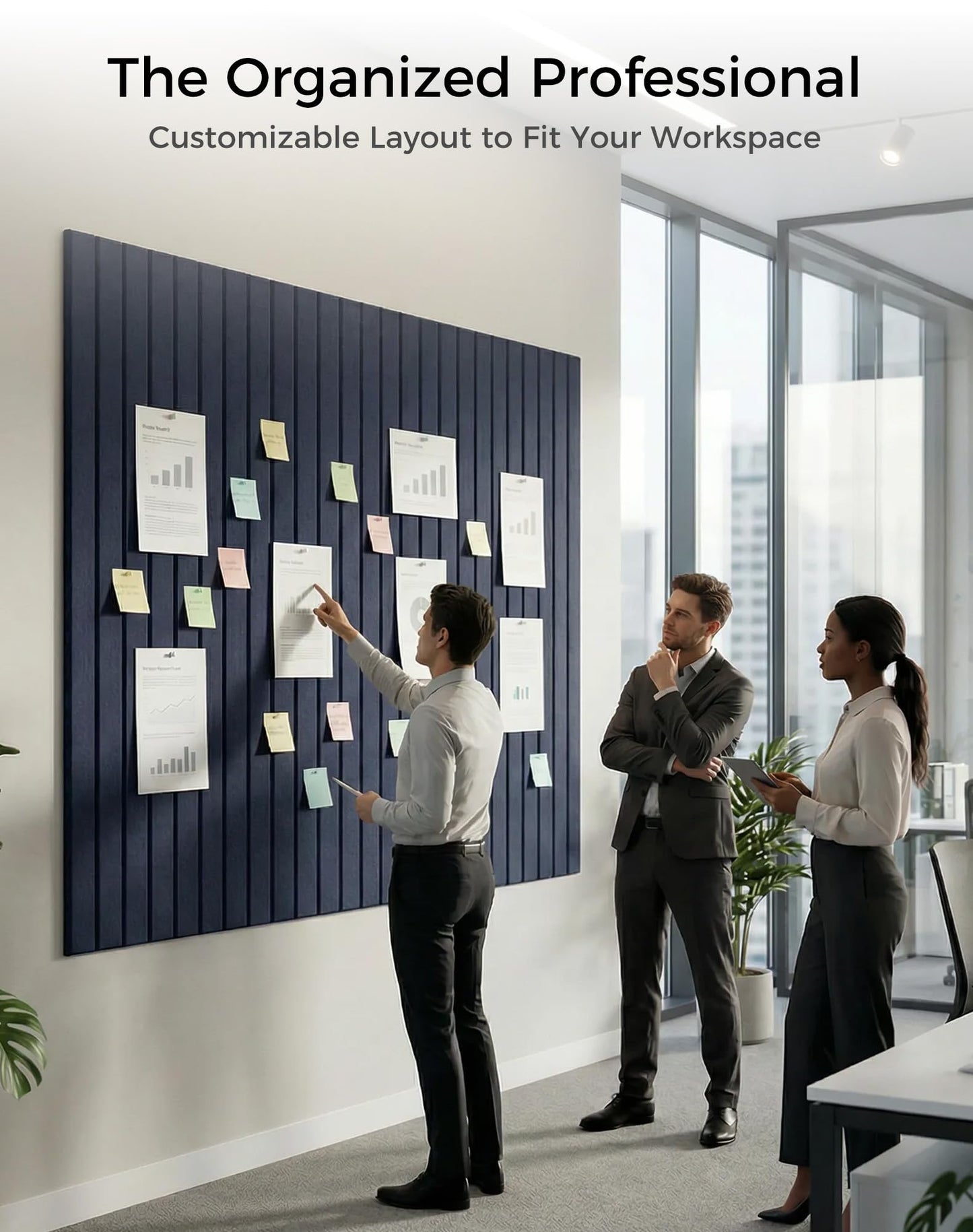 Aothia 12-Pack Felt Bulletin Board Tiles 48"x36", Modular Pin Board for Smooth Walls, Cork Board Alternative for Notes & Photos, 0.35" Thick, 70 Adhesive Tabs & 40 Pins, Navy Blue