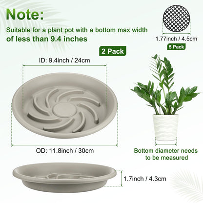 M METERXITY 2-Pack Plant Saucer, 9.4 Inch/ 24cm Plastic Plant Trays Thicker for Pots/Indoor/Outdoor/Water Drainage and Protection, Flowerpot Drip Tray [Grayish White]