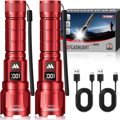 WdtPro LED Rechargeable Flashlight 2 Pack, 3 Modes Super Bright High Lumens Flashlights, Zoomable Tactical Flash Light with LCD Display, IP65 Waterproof Flashlights for Home Emergency Camping - Red