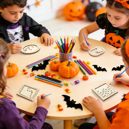 JarThenaAMCS 15 Set Halloween Wood DIY Frames Decorating Craft Unfinished Black Cat Ghost Wooden Gift Ornament Painting Set with White Black Paint and Brush for Art Party Supplies, Not Include Glue