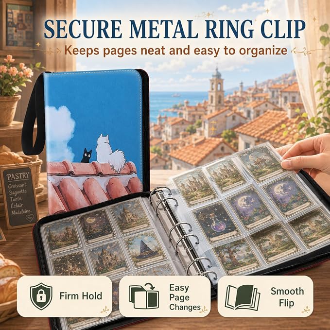 1008 Cute Card Binder 9 Pocket, 3-Ring Trading Card Binder with 56 Page Removable Sleeves, High Storage Waterproof Trading Card Holder Collection Card Album Organizer Case for TCG Cards - Cat