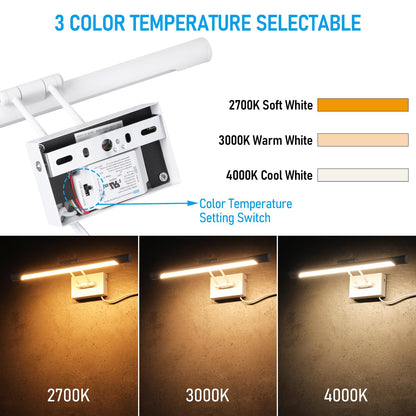LEONLITE 3CCT Dimmable LED Picture Light, 2700K/3000K/4000K Selectable, CRI90 Swivel Full Metal Picture Frame Light for Wall Art, Painting, Artwork, Portrait, Plug-in & Hardwired, White
