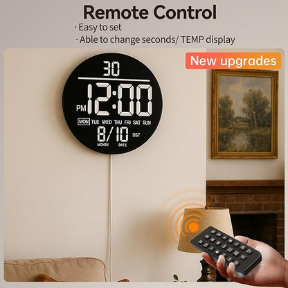 JALL 10" Large Digital Wall Clock with Seconds, Alarm Countdown Timer, Big LED Display, RGB Color, DST, Temperature, Mounted for Bedroom Living Room Office Classroom Gym, Xmas Birthday Gift, Green