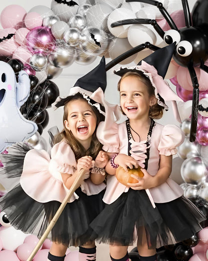 136Pcs Halloween Balloon Garland Arch Kit with Pink White Black Sliver Grey Eyes Balloons, Ghost Foil Balloon, Bats, Spider Web for Halloween Party