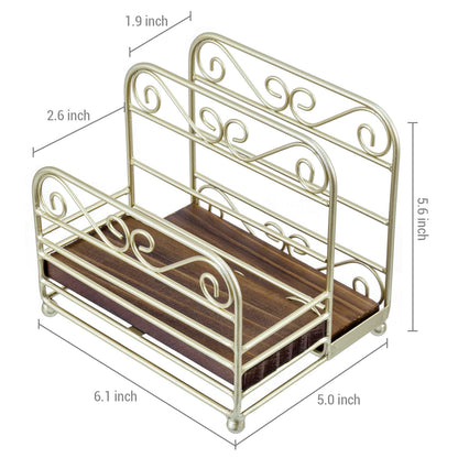 MyGift 2-in-1 Disposable Napkin and Salt & Pepper Caddy, Brass Tone Metal Vintage Scrollwork Dinner Table Paper Towel Condiment Holder with Rustic Burnt Solid Wood Base