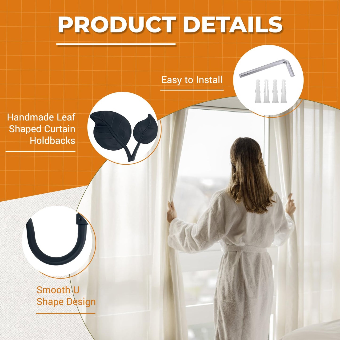 Black Leaf Curtain Holdbacks (2 Pack), Heavy Duty Metal Hooks for Curtains, Tie Backs for Drapes, Wall Mounted
