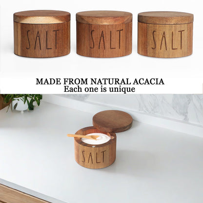 Acacia Wood Spice Box with Swivel Lid and Built-in Spoon for Kitchen Countertop, Farmhouse Kitchen Decoror for Storing Salt, Peppers, Sugar or Seasonings (Labeled “SALT”)