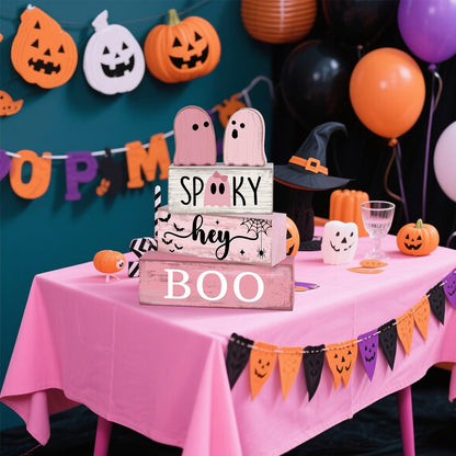Lineshading 4 Pcs Pink Halloween Decor Ghost Table Decorations Halloween Tiered Tray Decor Farmhouse Ghost Tabletop Centerpiece Rustic Pink Block Sign Gift for Home Kitchen Shelf Office Mantel