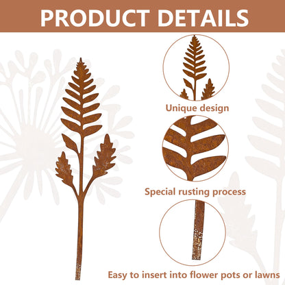 12 Pieces Rustic Metal Flowers and Plants Garden Stakes Rusty Plant Shaped Decoration Fern Leaf Decor for Flower Arrangements Potted Plants Patio Lawn Yard Walkway and Outdoor Courtyard Decoration