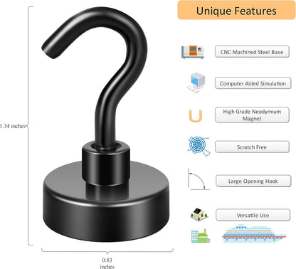 Neosmuk Magnetic Hooks, Heavy Duty Earth Magnets with Hook for Refrigerator, Extra Strong Cruise Hook for Hanging, Magnetic Hanger for Cabins, Grill (Black, 4 Pack)
