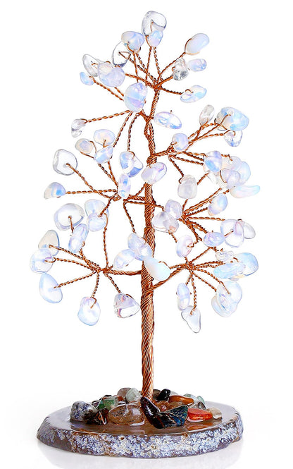 QINJIEJIE Opal Healing Crystals Natural Stone Decor Reiki Gemstone Tree Agate Slice Base Copper Wire Money Tree of Life White Opalite Home Office Decoration Spiritual Luck Gift for Women