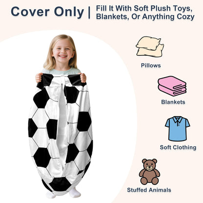 Lukeight Soccer Stuffed Animals Storage Bean Bag Chair Cover for Kids, Cozy Velvet Plush Toy Organizer Seat, Cover Only, No Filling Included, Long YKK Zipper, Side Pocket, X-Large 30 x 18 in