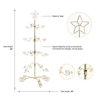 HOHIYA 3 Ft Wrought Iron Ornament Display Stand with 56 Hooks Metal Christmas Tree Alternative for Ornaments Halloween and Year-Round Decor Tabletop Rack Brass Gold