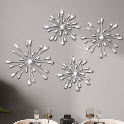 Hicarer 4 Pcs Starburst Wall Decor Bling Wall Art Crystal Teardrop 3D Hanging Rhinestone Radial Metal Artwork Modern Accent Sculptures Decorations for Living Room Home Office Bedroom(Silver)