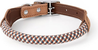 Mile High Life Genuine Leather Dog Collar, Durable Braided Cotton Rope Collar with Metal Pin Buckle for Small Medium Large Dogs (Brown Plaid, M Neck 15"-18")