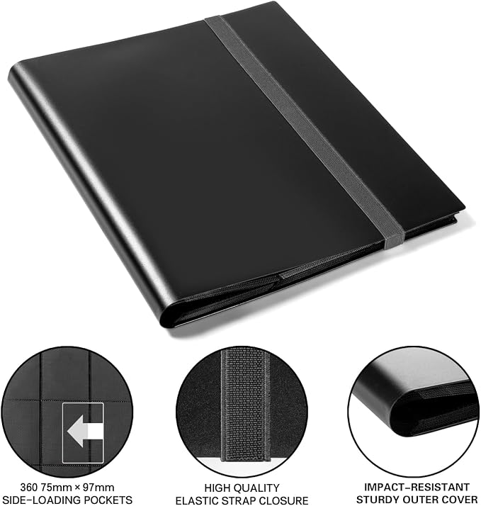 GEAoffice Trading Card Binder, 9 Pockets Card Album Folder, 360 Side Loading Pocket Binder for Sports&Game Cards, MTG and Other TCG, BLACK