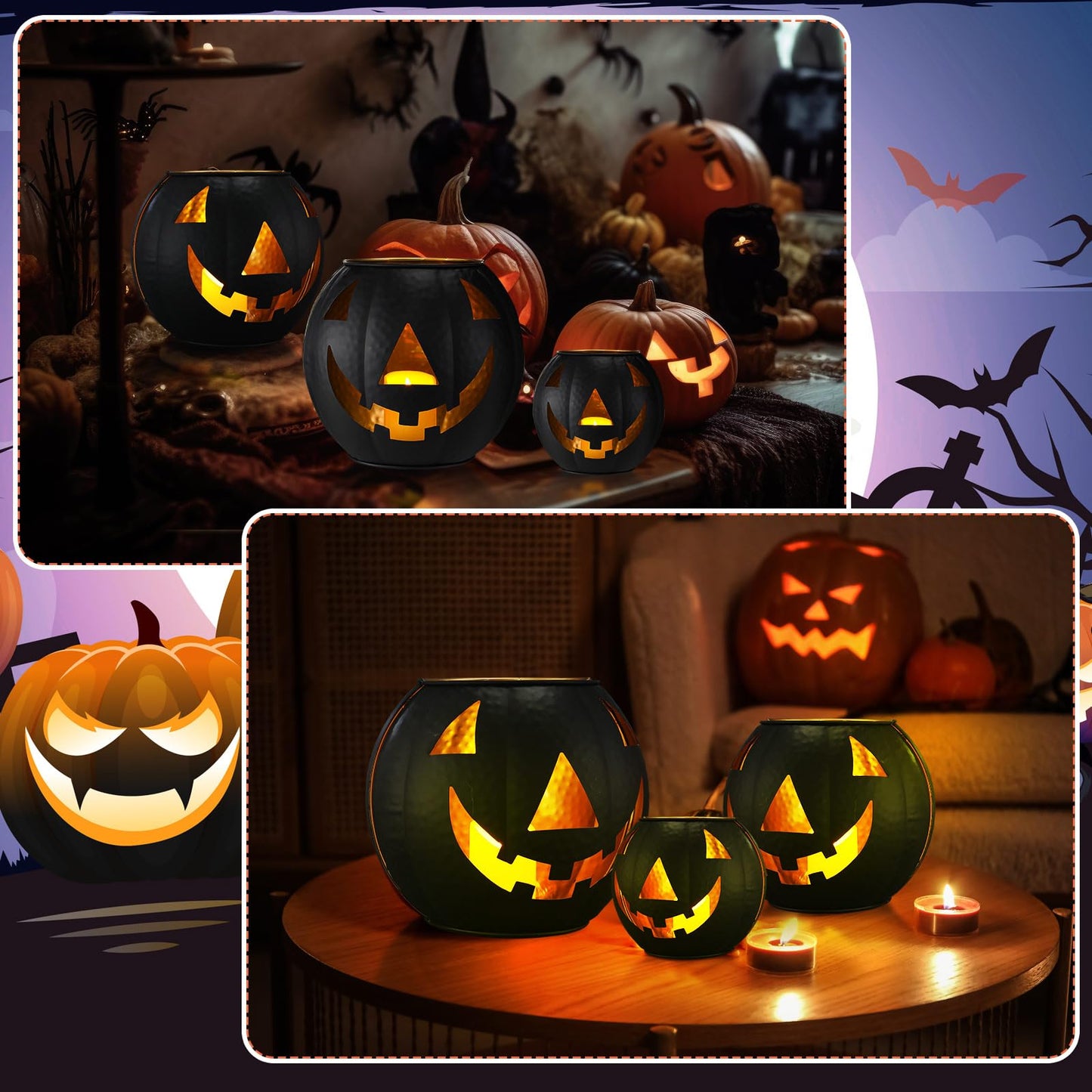 Kittmip 3 Pcs Halloween Metal Jack O Lanterns Pumpkin Set with LED Candles and Black Creepy Cloth Set of 3 Jack O Lantern Halloween Fall Outside or Inside Table Ornaments for Home Festival Party Decor