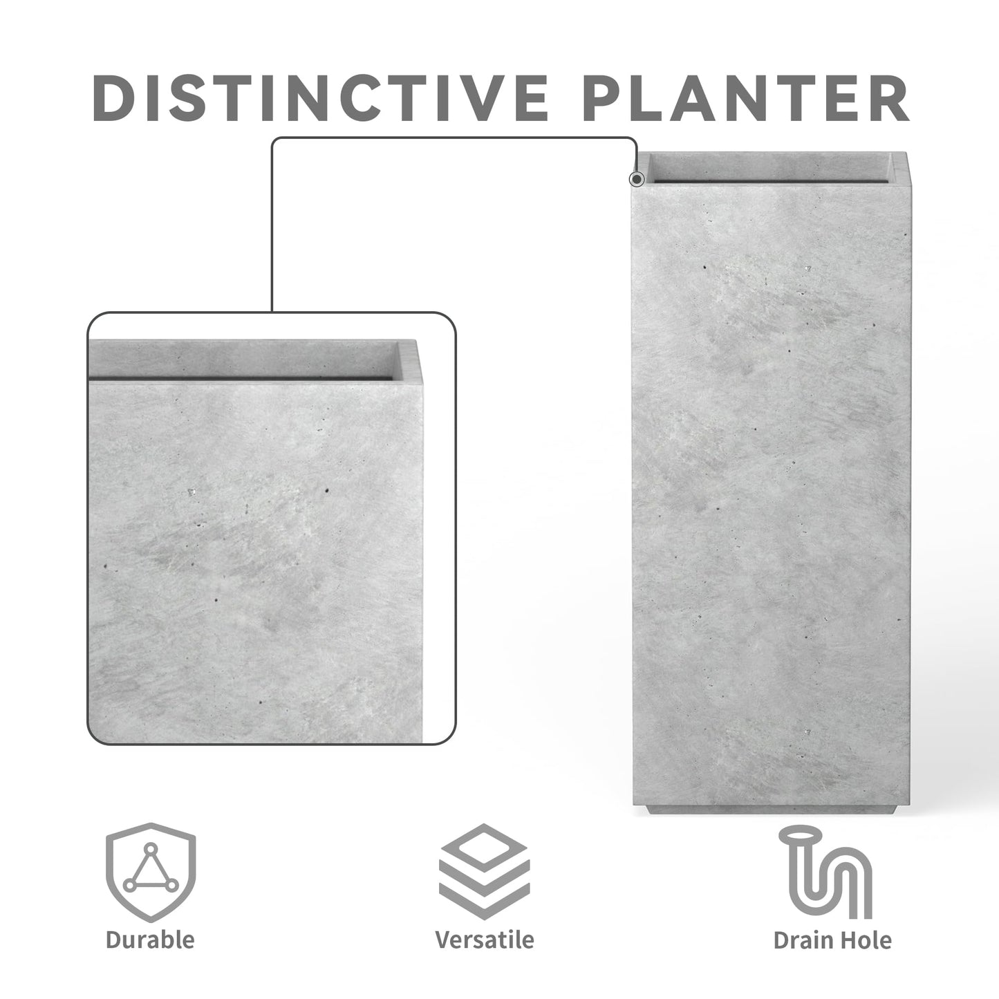 Kante 19.9" H Tall Rectangular Concrete Planter, Modern Square Diameter Plant Pot with Drainage Hole and Rubber Plug for Indoor Outdoor Home Patio Garden, Natural Concrete