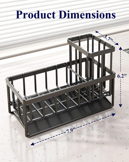 Kitsure Sponge Holder for Kitchen Sink - Rustproof Stainless Steel Sink Caddy Organization and Storage Essentials with High Brush Holder, Home Decor Accessories, 7.9" x 3.7" x 6.2", Black