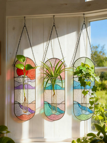 Stained Glass Plant Propagation Stations - Handmade Sunshine Catcher Hydroponic Planter Window Hanging with Glass Tubes, Terrarium Decor Gifts for Women Mom Plant Lovers, Green