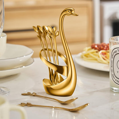 AnSaw Gold Swan Base With 10-Pcs Mini Leaf Coffee Spoon Holder Set - 4.7"