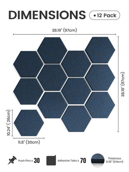 Fluxynara Hexagon Cork Board Alternative for Walls Decor-12-Pack Felt Bulletin Board Tiles,with 30 Pushpins,70 Adhesive Tabs for Office,Classrooms & Home Pin Board Felt Board-Carbon Blue