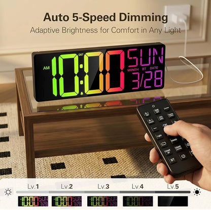 JALL 18" Large Digital Wall Clock with RGB Lights & Remote, Digital Clock with Bluetooth Sync & DST, Wall Clock with Temperature & Seconds Display, Clocks for Living Room, Seniors (Black)