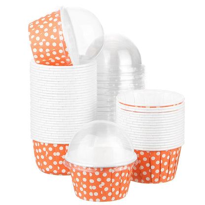 uxcell 50 Set Cupcake Liners with Dome Lids, Muffins Liners Wrappers, Disposable Baking Cups for Wedding and Birthday Party Decoration Orange
