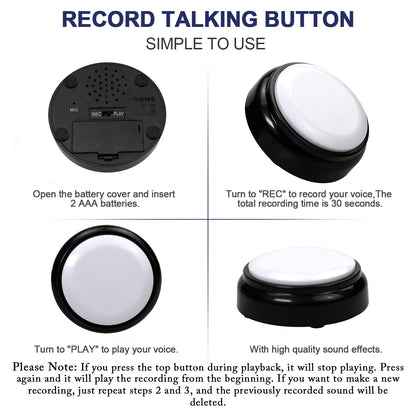 Cover 30 Seconds Recordable Talking Button Record Button Toy Gift Answer Buzzers (White+Black)