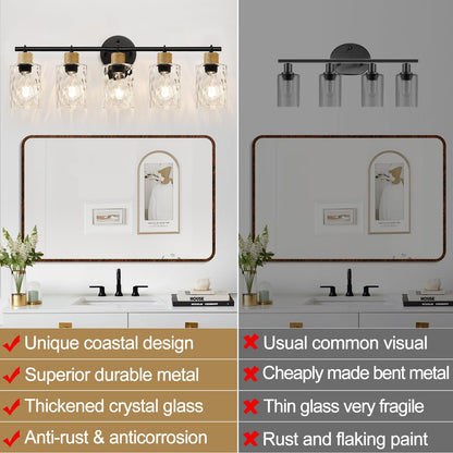 MOKATNG Bathroom Light Fixtures, 5-Light Coastal Vanity Lights with Crystal Glass Shade, Black Bathroom Wall Lamp for Mirror Kitchen Hallway Cabinet