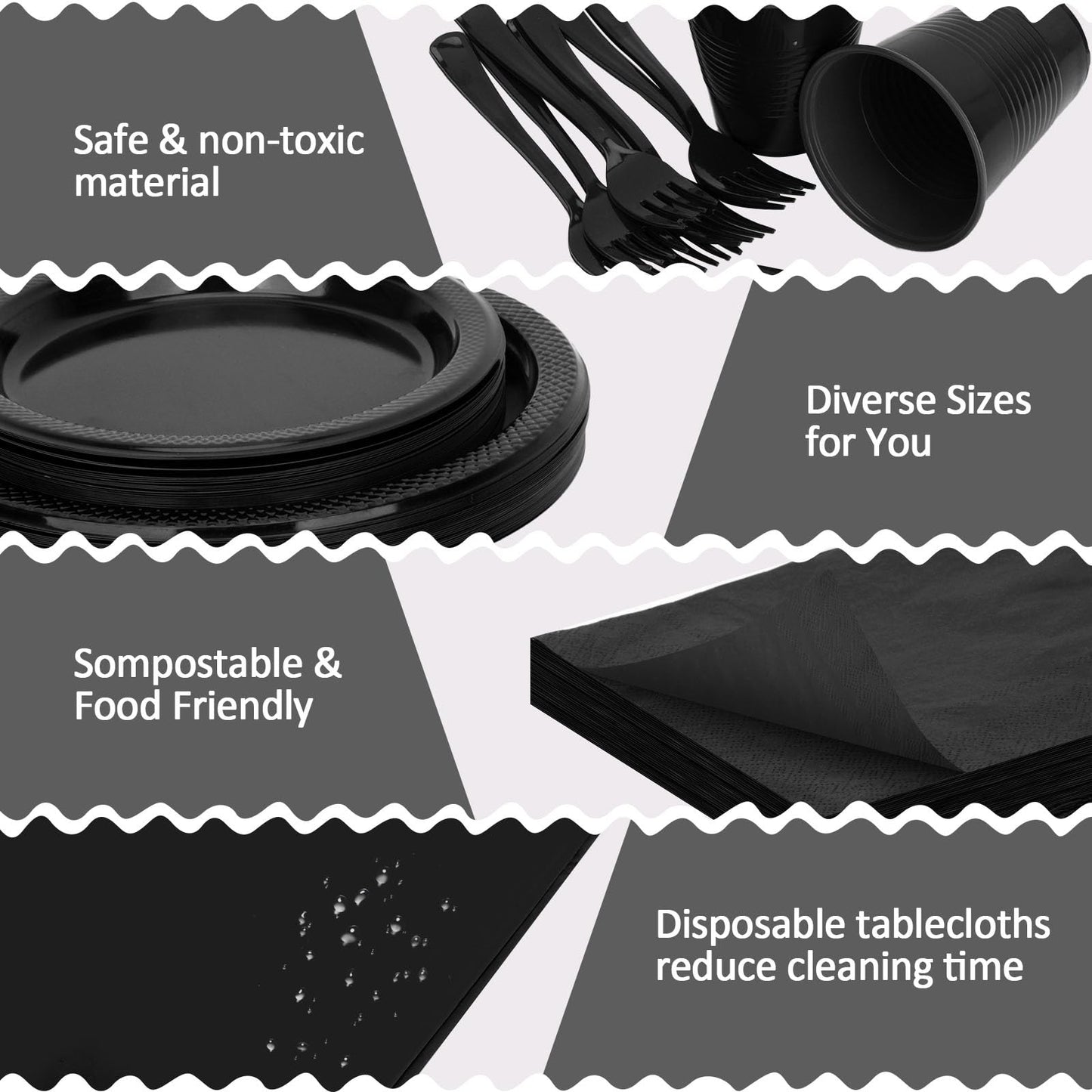 CLIYTICA Black Plastic Plates for Party,30 Guest Disposable Plastic Plate Set 9" Plates,7" Dessert Plates,Napkins,Cups,Forks & Tablecloth for Birthday,Halloween,Christmas,Graduations