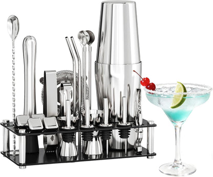 EffiQ-Rate 24 Piece Professional Boston Shaker for Cocktails, Stainless Steel Bar Kits for Bartender with Acrylic Stand, All Essential Bar Tools for Home, Party, Mixing Drinks, Silver