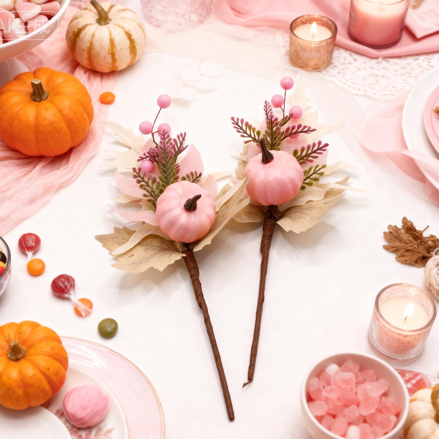 Adurself 6PCS Pink Fall Picks with Pumpkins – Artificial Autumn Floral Stems with Pink Pumpkin, Berries and Leaves for Thanksgiving Harvest Centerpiece, Vase, Home & Party Decoration