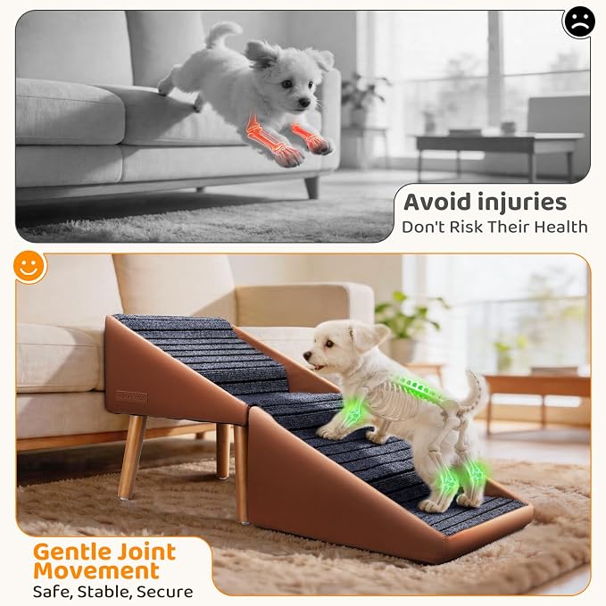 Dog Stairs for Small, Medium, Large Dogs & Cats, 17" H 4‑Step Foldable 2‑in‑1 Wooden Pet Steps with Split Ottoman Design, Non‑Slip Dog Ramp for Couch Bed Sofa for Puppy Senior Injured Pets