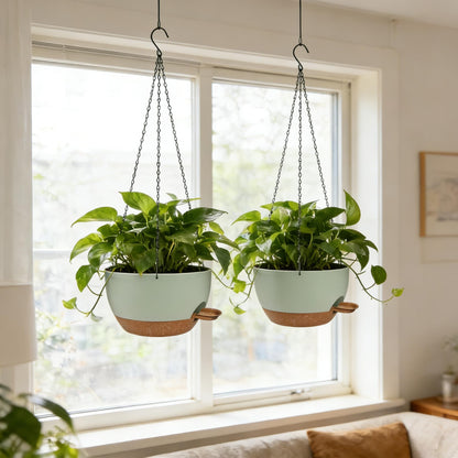 CNLBO 12 Inch Self Watering Hanging Planters 2 Pack, Indoor Outdoor Hanging Pots for Plants with Drainage Holes & Saucers, Green Brown Plastic Hanging Baskets for Kitchen Balcony Garden
