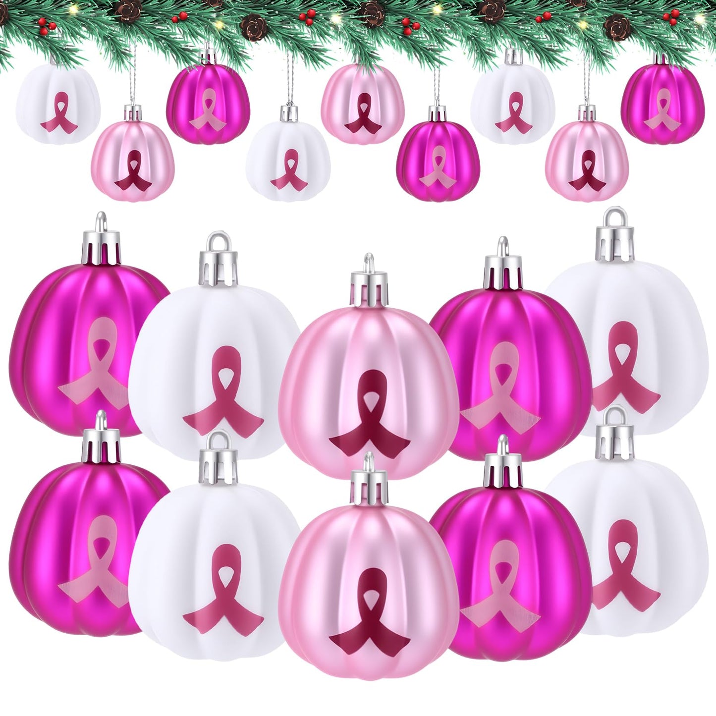 Vertintong 12 Pcs Christmas Hanging Ornaments for Tree 3D Pink Pumpkin Pendants Breast Cancer Awareness Sign Christmas Ornaments for Xmas Tree Party Decor (Flat Style)