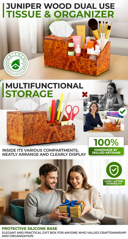 Womens nightstand Organizer -Organizer Box-Tissue Cover Box-Makeup Box Organizer-Wooden Tissue Holder Box Storage-Desk Organiser-Tissue Box with Storage Tray-Tissue Organizer Holder-Wood Tissue Box