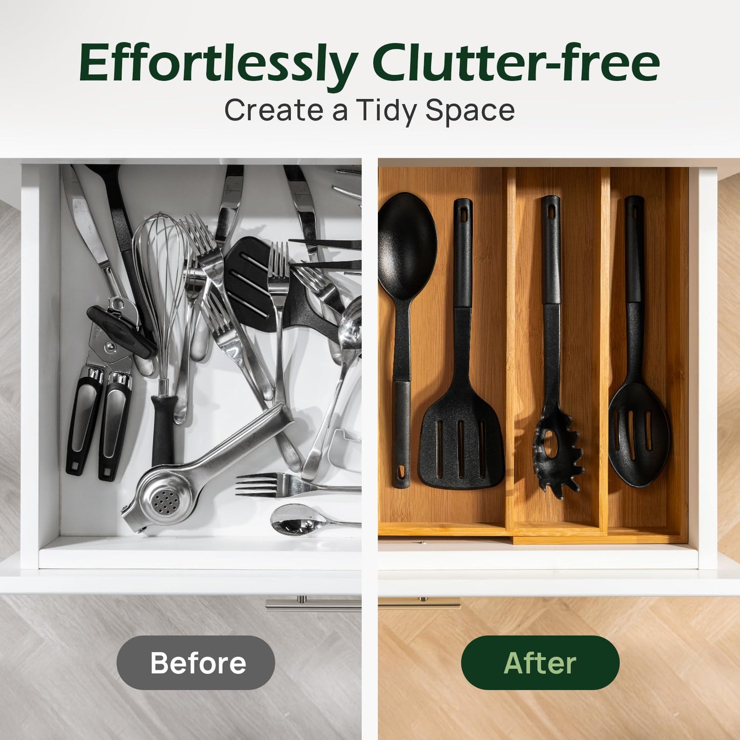 Carbonized Bamboo Kitchen Drawer Organizer, 8 Slots Silverware Organizer, Utensil Holder & Cutlery Tray, 2.2" Deep for Extra Capacity, Non-Slip Feet Included