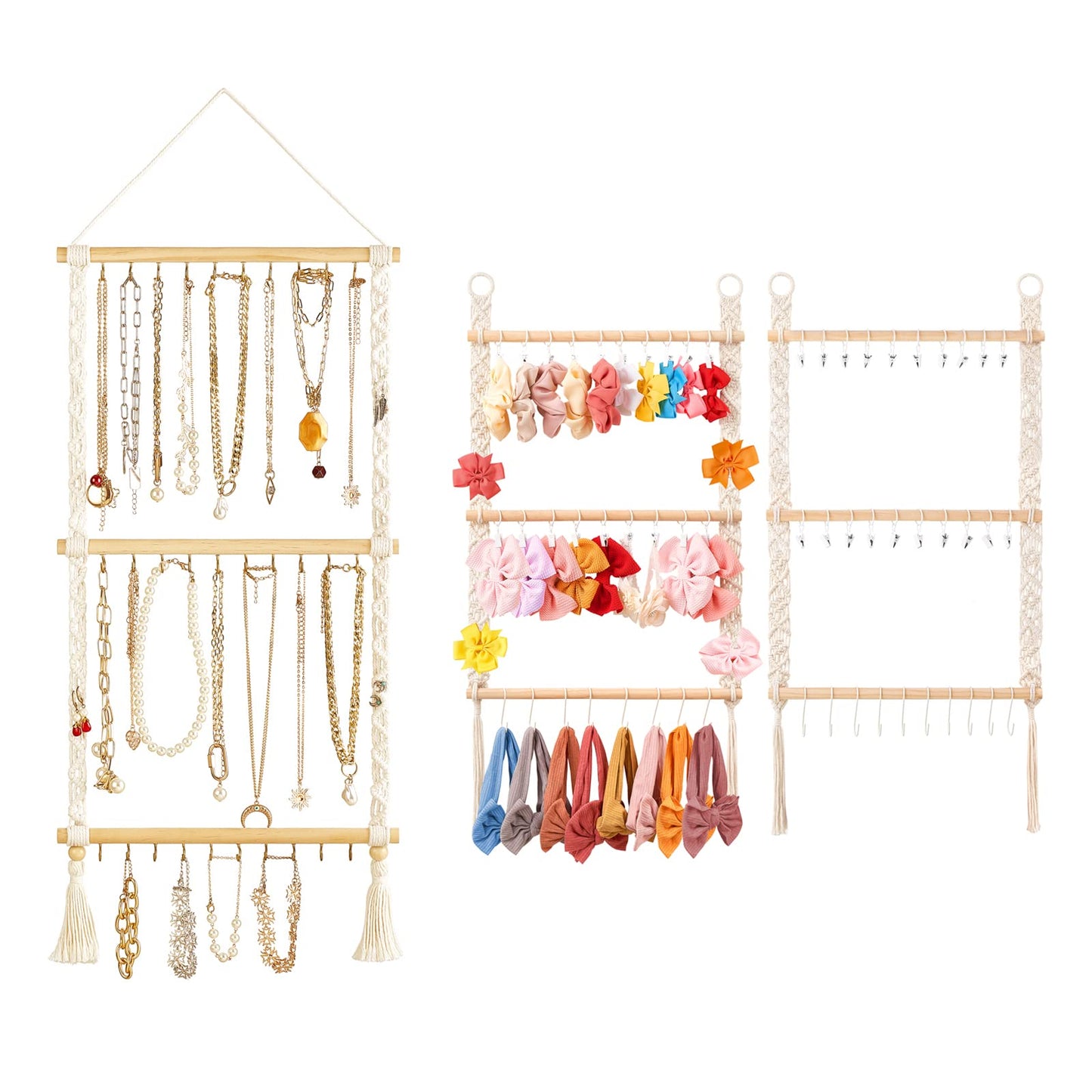 Dahey Hanging Jewelry Organizer Macrame Necklace Holder with 30 Hooks and Headband Holder with 30 Hooks Boho Decor for Baby Girls Room