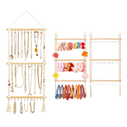 Dahey Hanging Jewelry Organizer Macrame Necklace Holder with 30 Hooks and Headband Holder with 30 Hooks Boho Decor for Baby Girls Room