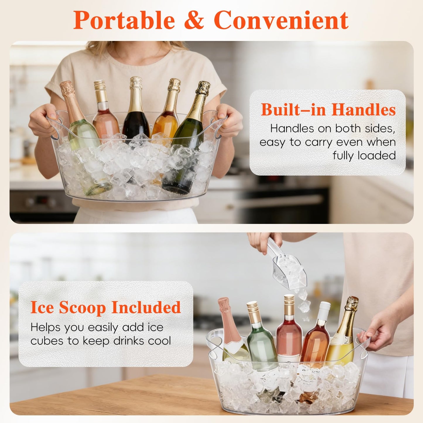 Berverra 6.5L Plastic Ice Buckets for Parties, 2-Pack Large Ice bucket Clear Beverage Tub Ice Container with Scoops, Champagne Bucket and Drink Buckets for Wine,Beer,Cocktails and Bar Supplies