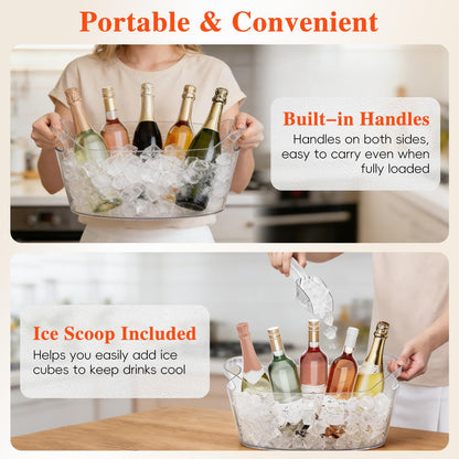 Berverra 6.5L Plastic Ice Buckets for Parties, 2-Pack Large Ice bucket Clear Beverage Tub Ice Container with Scoops, Champagne Bucket and Drink Buckets for Wine,Beer,Cocktails and Bar Supplies