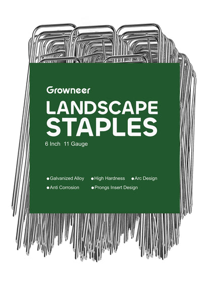 GROWNEER 100 Pack Landscape Staples 6 Inch 11 Gauge Heavy Duty Hot-Dip Galvanized Steel Garden Stakes U-Shaped Weed Barrier Spikes Metal Ground Pins for Lawn and Yard Landscaping