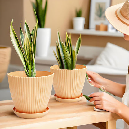 MUXINCAMP 7 Inch Large Plant Pots, 6 Pack Flower Pots with Drainage Hole and Tray Saucer Plastic Plant Pot for Outdoor Indoor House Plants and Flowers Herbs (Khaki)