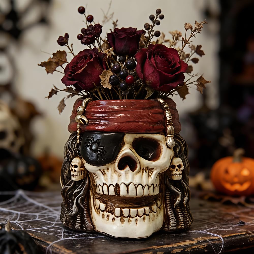 Skull Planter, Skulls Flower Pot, Skull Bowl, Skeleton Succulent Pots, Gothic Plant Pots with Drainage, Goth Statue Flower Pots, Indoor/Outdoor Pirate Figurine, Halloween Decoration, Funny Home Decor