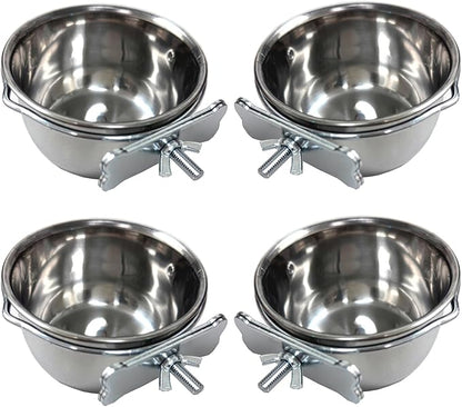 Four of 4-Inch No Rust Stainless Feeder Seed Water Food Replacement Cups with Adjustable Cage Holder for Bird Parrot Cage